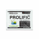 PES Prolific enkratni odmerek - 7 g, okus zeleno jabolko, paket z motivom stisnjenega jabolka, logotipom PEScience in opisom koristi na belem ozadju.