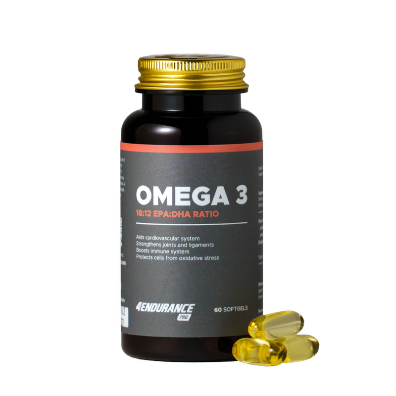 Omega-3 znamke 4Endurance Pro - visokokakovostno prehransko dopolnilo iz ribjega olja s 2000 mg omega-3 maščobnih kislin, vključno z EPA, DHA in vitaminom E, za zdravje srca, delovanje možganov in zaščito celic.