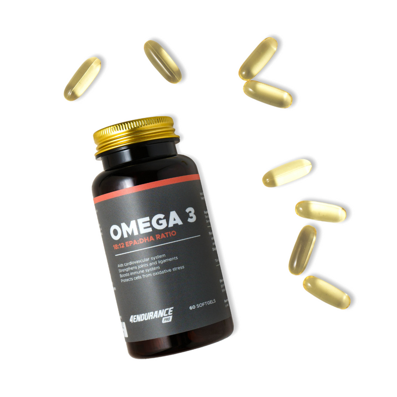 Omega-3 znamke 4Endurance Pro - visokokakovostno prehransko dopolnilo iz ribjega olja s 2000 mg omega-3 maščobnih kislin, vključno z EPA, DHA in vitaminom E, za zdravje srca, delovanje možganov in zaščito celic.