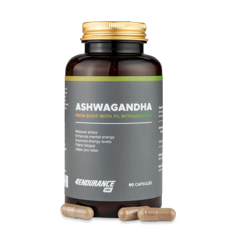 4Endurance Pro Ashwagandha - 90 kapsul z okusom ashwagandhe, temno jantarna steklenička z zlatim vijčnim pokrovčkom na belem ozadju.