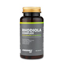 4Endurance Pro Rhodiola Complex - 60 kapsul, steklenička z zlatim pokrovčkom, zelena pruga na etiketi, črno-zlat dizajn na belem ozadju.
