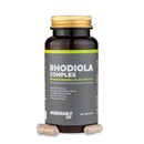 4Endurance Pro Rhodiola Complex - 60 kapsul, steklenička z zlatim pokrovčkom, zelena pruga na etiketi, črno-zlat dizajn na belem ozadju.