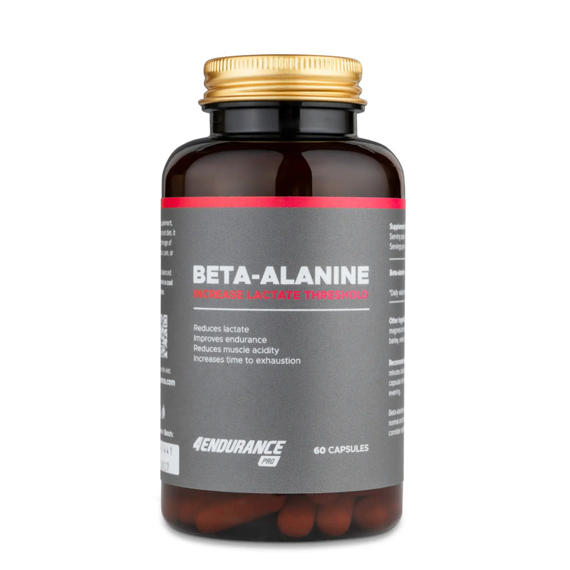 4Endurance Pro Acetyl-L-Carnitine - 90 kapsul, temno jantarna steklenička z zlatim pokrovčkom ter etiketo z zelenimi črtami na belem ozadju.