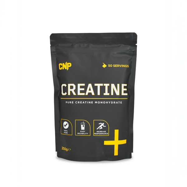 CNP Professional Creatine Monohydrate CNP – 250 g, vrečka z rumenim logotipom, 50 porcij, ikone koristi na belem ozadju.