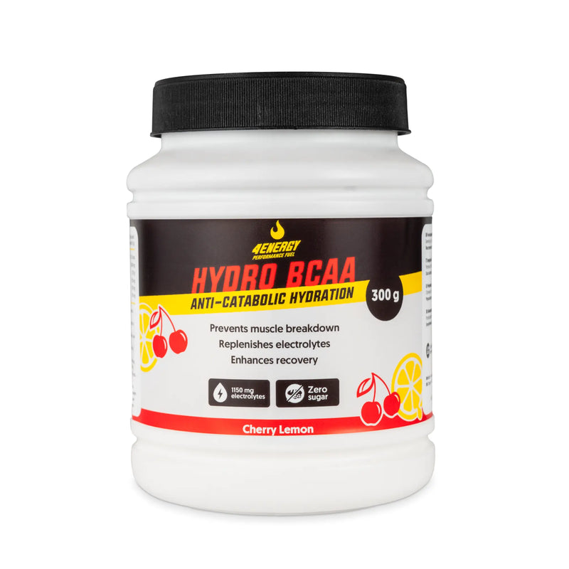 4Energy Hydro BCAA - 300 g okus limone, bel vsebnik s črnim pokrovčkom, ilustracije češnje in limone, besedilo o podpori mišicam.