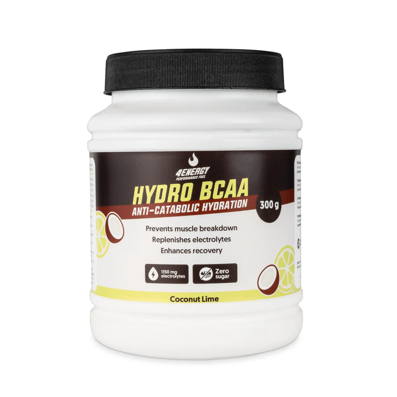 4Energy Hydro BCAA - 300 g okus limete, bel vsebnik s črnim pokrovčkom, etiketa z limono in kokosom, koristi citrusa za hidracijo.