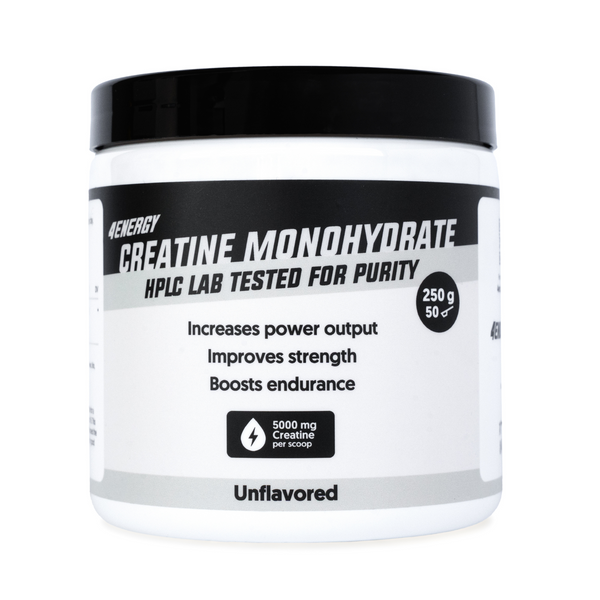 4Endurance Pro Creatine Monohydrate – 250 g, brez okusa, spredaj obrnjena črna posodica z zlatim pokrovčkom, siva etiketa z imenom in koristmi.