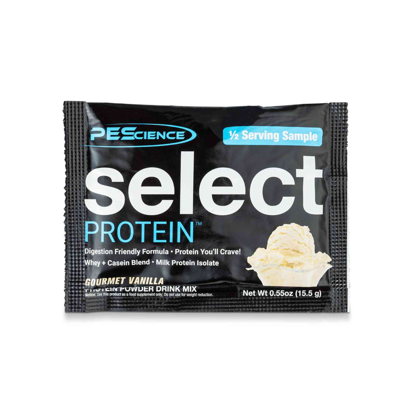 Select enkratni odmerek - 16 g, okus gurmanska vanilja, črn paket s sliko vanilje, velik logotip Select Protein in opis koristi.