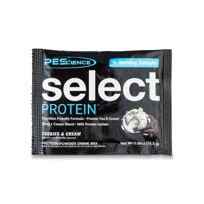 Select enkratni odmerek - 16 g, okus piškoti in smetana, črn paket s sliko piškotov, velik logotip Select Protein in opis koristi.