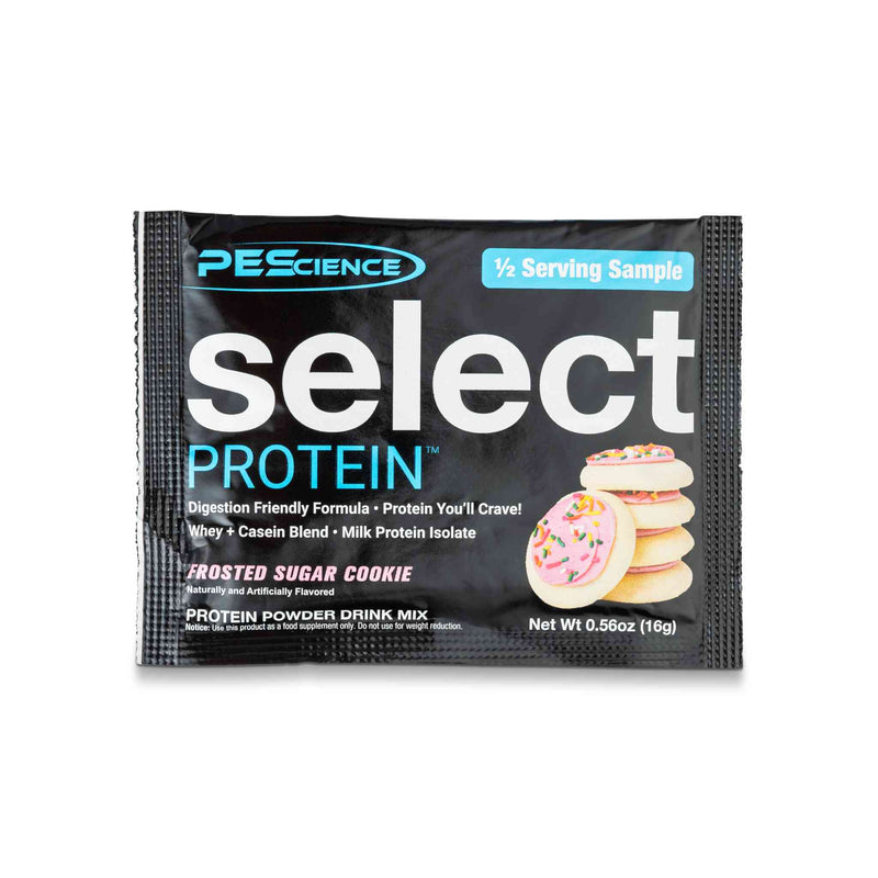 Select enkratni odmerek - 16 g, okus glazirani sladkorni piškot, črn paket s sliko piškotov z glazuro, velik logotip Select Protein in opis koristi.
