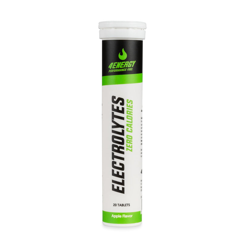 4Energy Electrolytes - 20 šumečih tablet okus jabolka, bela tubica s črno-zelenim besedilom na belem ozadju.