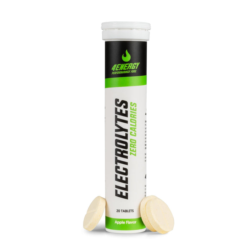 4Energy Electrolytes - 20 šumečih tablet okus jabolka, bela tubica s črno-zelenim besedilom na belem ozadju.