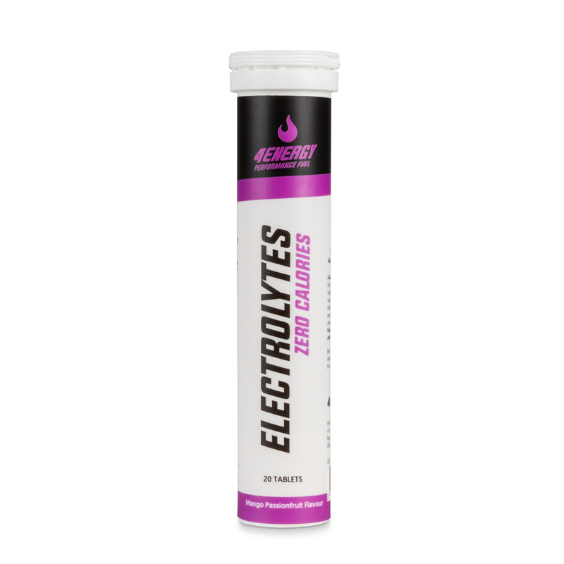 4Energy Electrolytes - 20 šumečih tablet okus pasijonke, tubica z vijolično-črnim potiskom na belem ozadju.