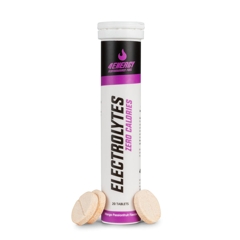 4Energy Electrolytes - 20 šumečih tablet okus pasijonke, tubica z vijolično-črnim potiskom na belem ozadju.