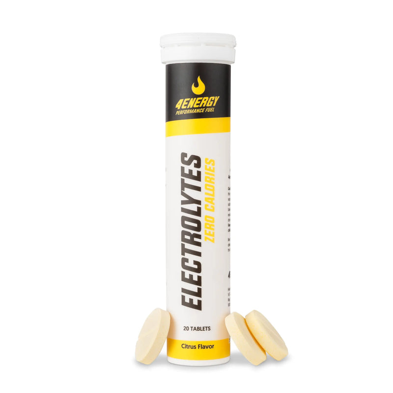 4Energy Electrolytes - 20 šumečih tablet okus citrusov, bela tubica z rumeno-črno navpično etiketo na belem ozadju.