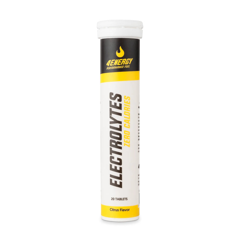 4Energy Electrolytes - 20 šumečih tablet okus citrusov, bela tubica z rumeno-črno navpično etiketo na belem ozadju.