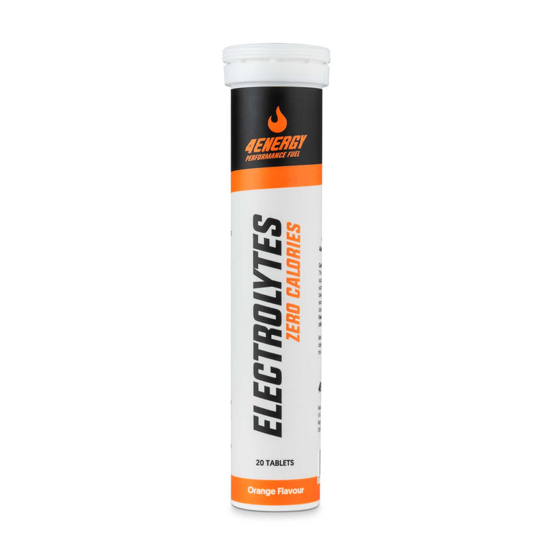4Energy Electrolytes - 20 šumečih tablet okus pomaranče, tubica z črno-oranžnim pokrovčkom in navpičnim besedilom na belem ozadju.