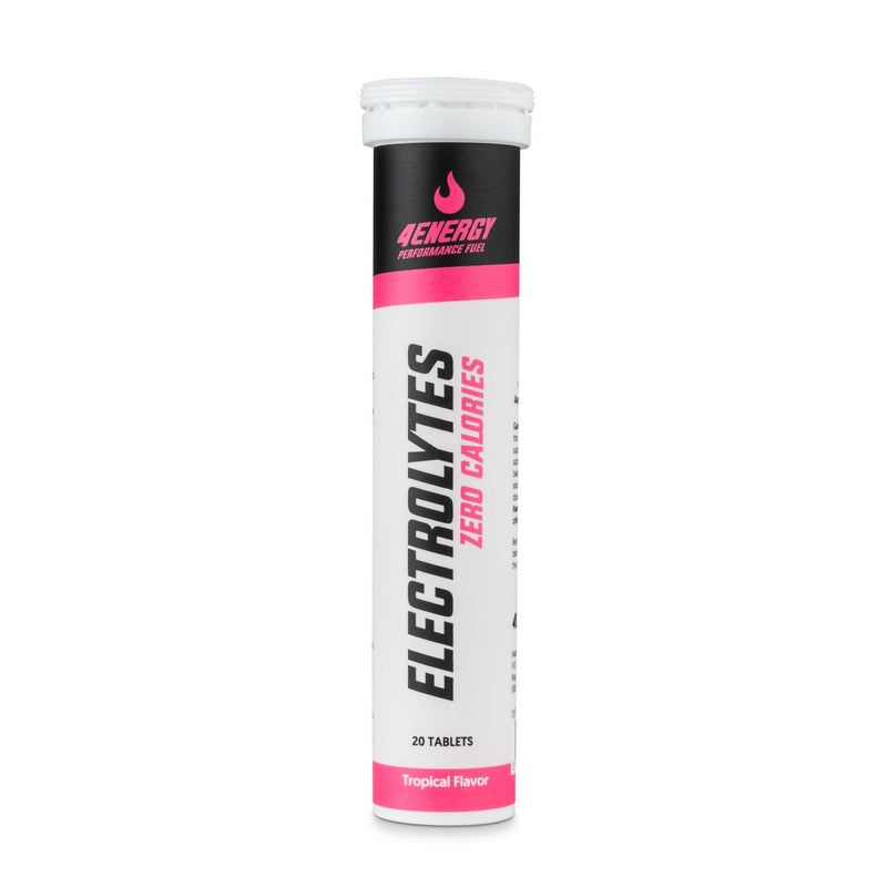 4Energy Electrolytes - 20 šumečih tablet tropskega okusa, cilindrična tubica s črnim pokrovčkom in rdečim pasom na belem ozadju.
