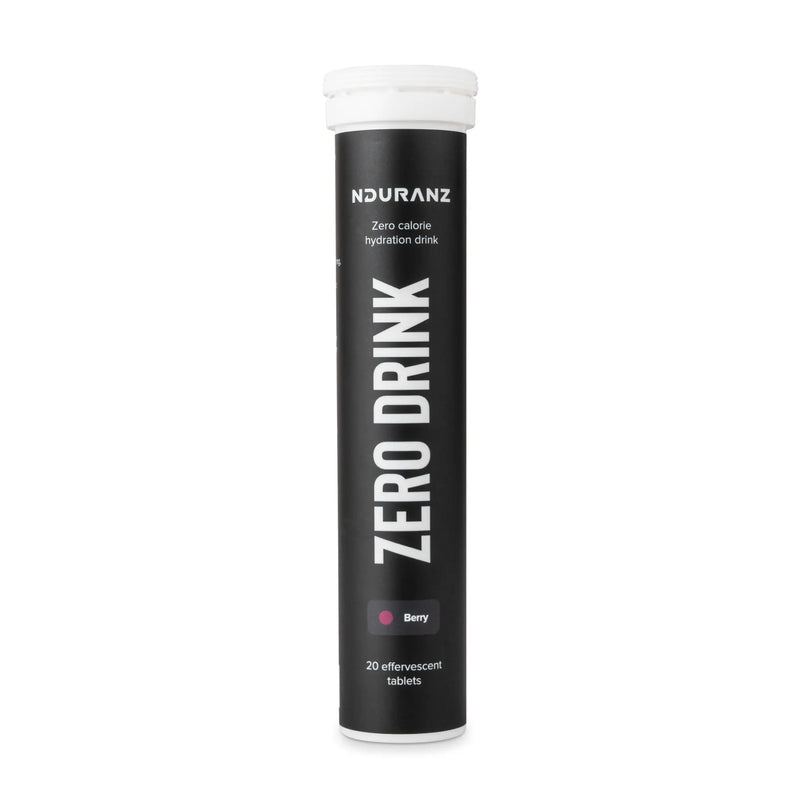 Nduranz Zero Drink - 20 šumečih tablet okus jagodičevja, črni cilindrični vsebnik z belim navojnim pokrovčkom na belem ozadju.