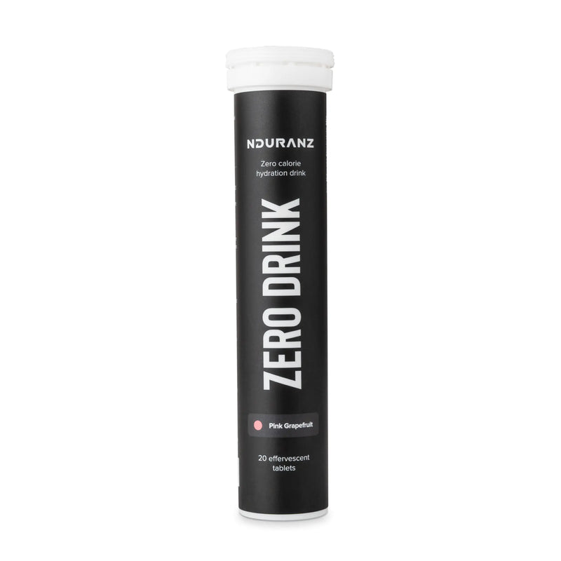 Nduranz Zero Drink - 20 šumečih tablet okus rožnatega grenivke, črna cilindrična tubica z navojnim pokrovčkom na belem ozadju.