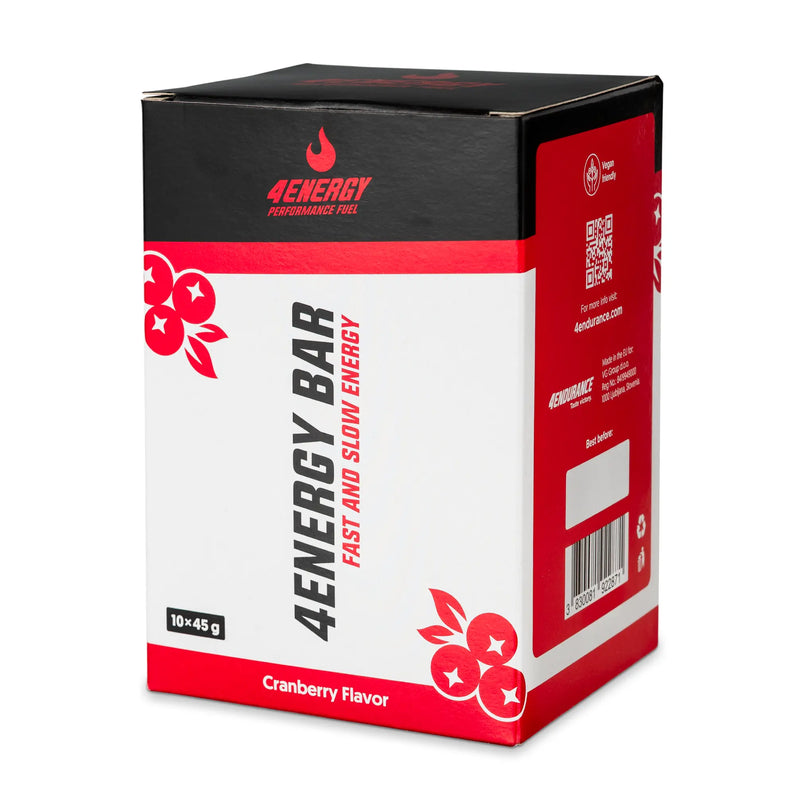 4Energy 4Energy Bar Box - 10 x 45 g okus brusnice, rdeče-črno pakiranje z ilustracijami brusnic, črtno kodo in QR-kodo.