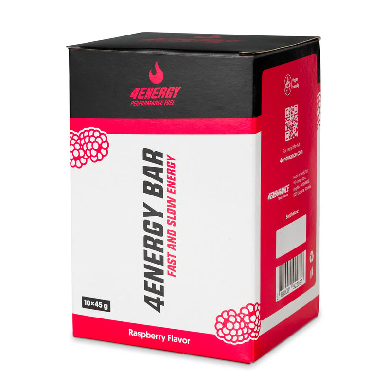 4Energy 4Energy Bar Box - 10 x 45 g okus maline, rdeče-črno pakiranje z ilustracijami malin na belem ozadju.