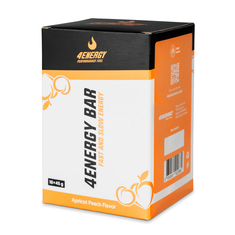 4Energy 4Energy Bar Box - 10 x 45 g okus marelice in breskve, vegansko prijazno pakiranje z ilustracijami marelic in breskev ter QR-kodo.