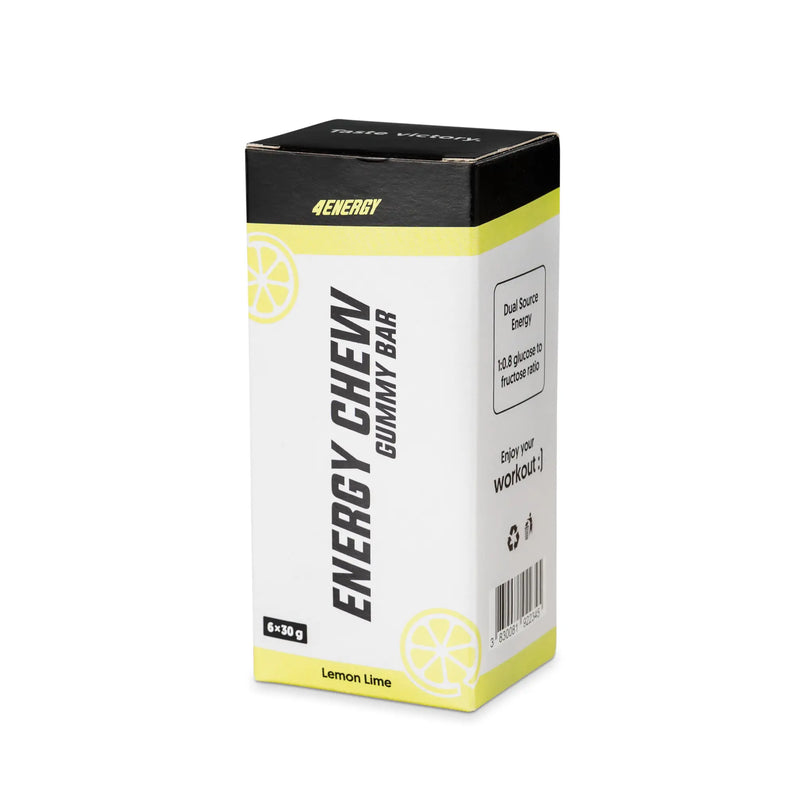 4Energy Energy Chew Box - 6 x 30g okus limone in limete, prosojne rumene segmentirane gumijaste ploščice z limoninim ovitkom na belem ozadju.