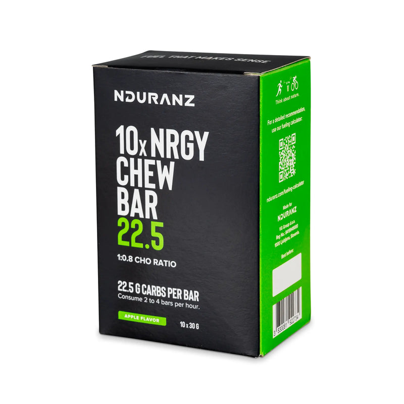 Nduranz Nrgy Chew Bar 22.5 Box - 10 x 30g okus jabolka, nagnjena črno-zelena škatla z logotipom, hranilnimi informacijami in vidno QR kodo.