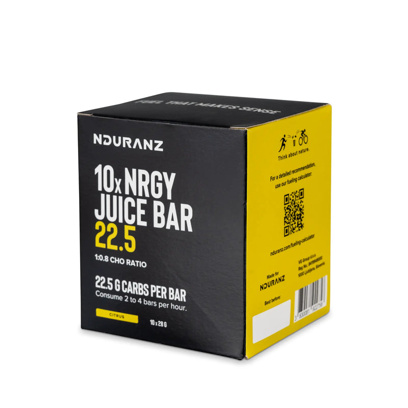 Nduranz Nrgy Juice Bar 22.5 Box - 10 x 28g okus citrusov, črna škatla z enim paketom energijske ploščice na belem ozadju.