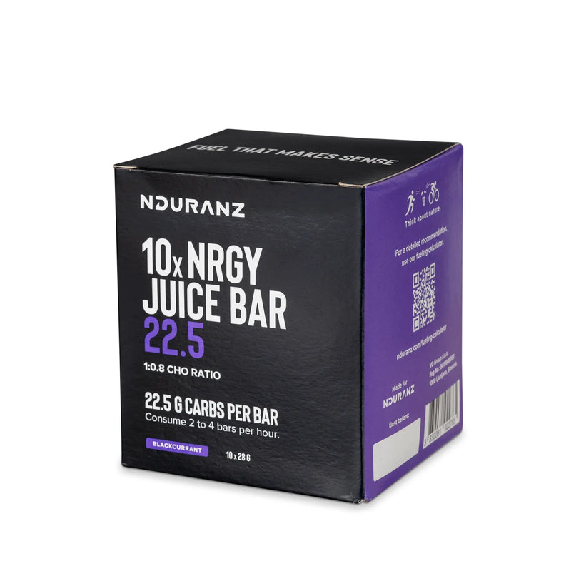 Nduranz Nrgy Juice Bar 22.5 Box - 10 x 28g okus črnega ribeza, škatla in posamezni paket z vidnim znamčenjem na belem ozadju.