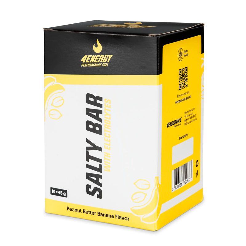 4Energy Salty Bar Box - 10 x 45 g okus arašidovega masla in banane, črno‑rumeno embalažo z ilustracijo banane in kodo QR.