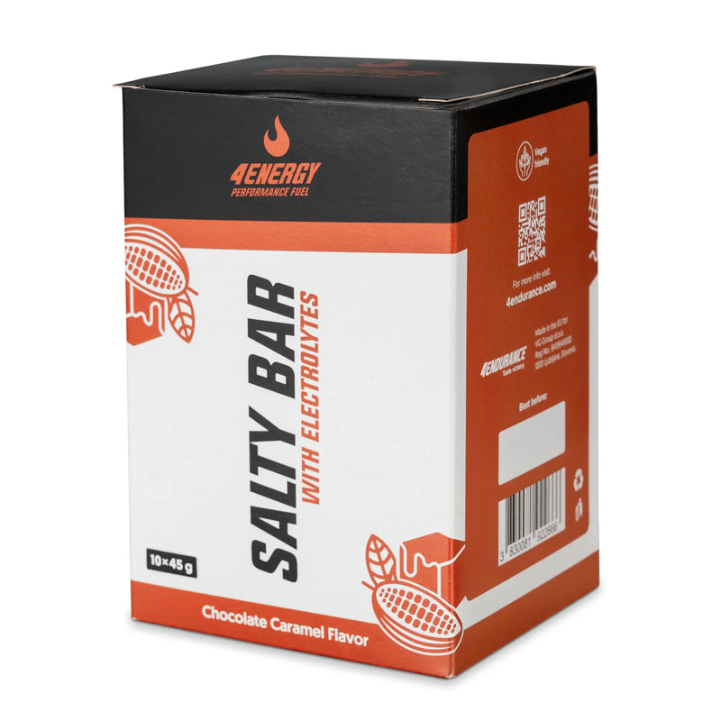 4Energy Salty Bar Box - 10 x 45 g okus čokolade in karamele, črno‑belo‑oranžno embalažo z ilustracijo stroka kakava in kodo QR.