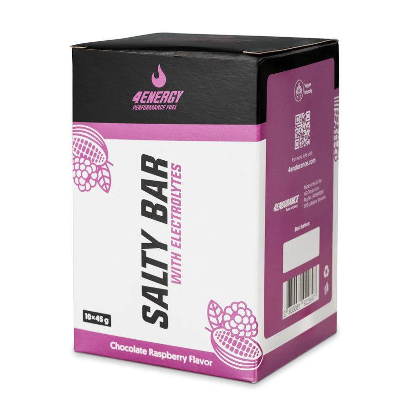 4Energy Salty Bar Box - 10 x 45 g okus čokolade in maline, vijolično‑črno embalažo z označevanjem elektrolitov na belem ozadju.