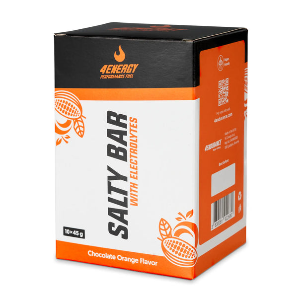 4Energy Salty Bar Box - 10 x 45 g okus čokolade in maline, vijolično‑črno embalažo z označevanjem elektrolitov na belem ozadju.
