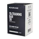 Nduranz Training Bar 30 Box - 10 x 45g okus bele čokolade in cimeta, črno-bela škatla s QR kodo in športnomi ikonami.