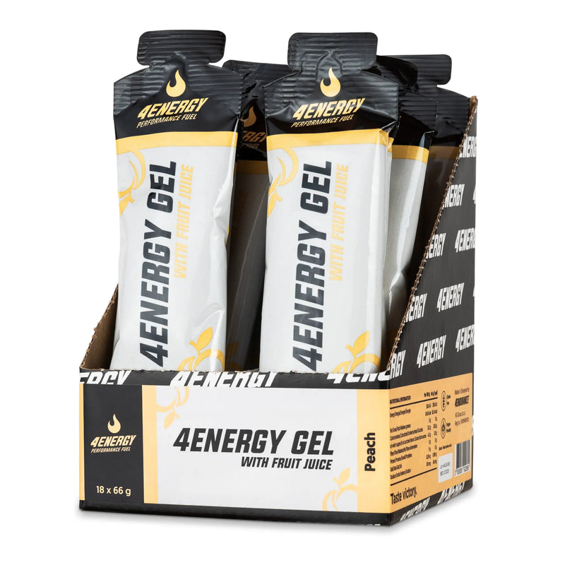 4Energy 4Energy Gel Box - 18 x 66 g okus breskve, odprta škatla s črno‑rumenimi paketi energijskega gela z ilustracijo breskve.