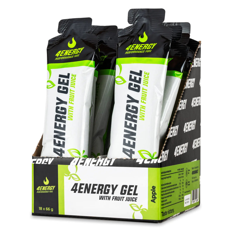 4Energy 4Energy Gel Box - 18 x 66 g okus jabolka, zeleno‑belo pakiranje z ilustracijami listov in prehranskim besedilom.