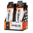 4Energy 4Energy Gel Box - 18 x 66 g okus pomaranče, odprta škatla z oranžno‑črnimi paketi energijskega gela z motivom sončnih žarkov in listov.