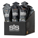 SIS Beta Fuel Gel Box - 30 x 60 ml okus pomaranče, črna škatla s šesterokotnim vzorcem, logotipom SiS in urejeno razporejenimi paketki energetskega gela.