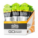 SIS GO Isotonic Energy Gel Box - 30 x 60ml okus jabolka, paketki v razstavni škatli z zeleno‑oranžnim valovitim vzorcem na belem ozadju.