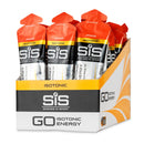 SIS GO Isotonic Energy Gel Box - 30 x 60ml okus pomaranče, razstavna škatla z več paketki gela z oranžnimi zamaški na belem ozadju.