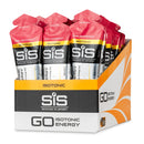 SIS GO Isotonic Energy Gel Box - 30 x 60ml okus rožnatega grenivke, studijski posnetek paketkov z rožnatimi zamaški v oranžni dozirni škatli na belem ozadju.