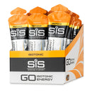SIS GO Isotonic Energy Gel Box - 30 x 60ml tropski okus, paketki z oranžnimi zamaški v brandirani škatli na belem ozadju.