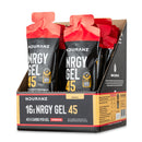 Nduranz Nrgy Gel 45 with Caffeine Box - 16 x 75g okus manga, rdeče‑črni paketki v razstavni škatli na belem ozadju.