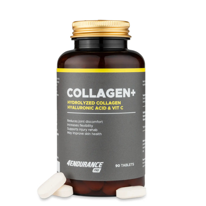 4Endurance Pro Collagen+ - 90 tablet Collagen+, rjava steklenička z zlatim pokrovčkom, bela etiketa z rumeno črto na belem ozadju.