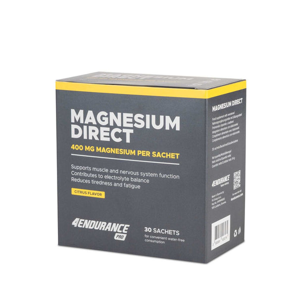 4Endurance Pro Magnezij Direkt - 30 x 400 mg, okus citrus, črna škatla z opisanimi koristmi in rumenim zgornjim robom.