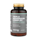 4Endurance Pro Triple Magnesium Complex - 60 kapsul, rjava steklenička z zlatim pokrovčkom, siva etiketa, vidne rdeče kapsule.