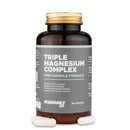 4Endurance Pro Triple Magnesium Complex - 60 kapsul, rjava steklenička z zlatim pokrovčkom, siva etiketa, vidne rdeče kapsule.