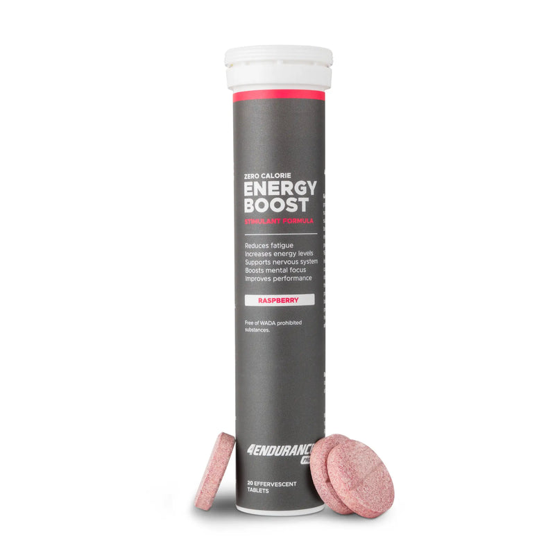 4Endurance Pro Energy Boost - 20 šumečih tablet okus maline, črna tubica z belo-rdečim besedilom na belem ozadju.